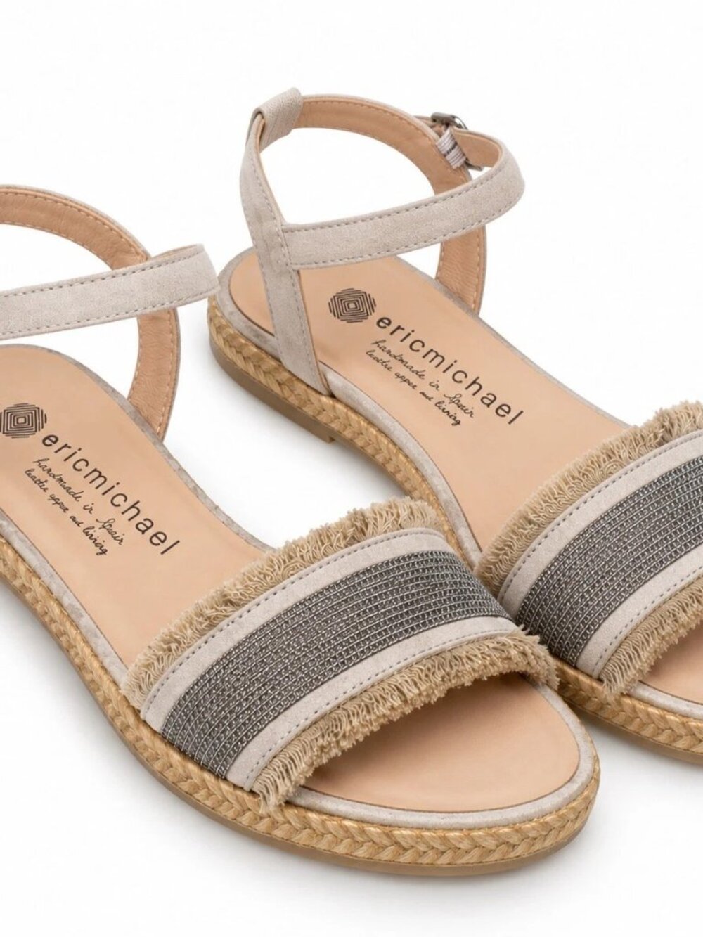 Eric Michael Tess Espadrille Sandals Silver Pewter Frayed Ankle Strap Sz 37 6.5